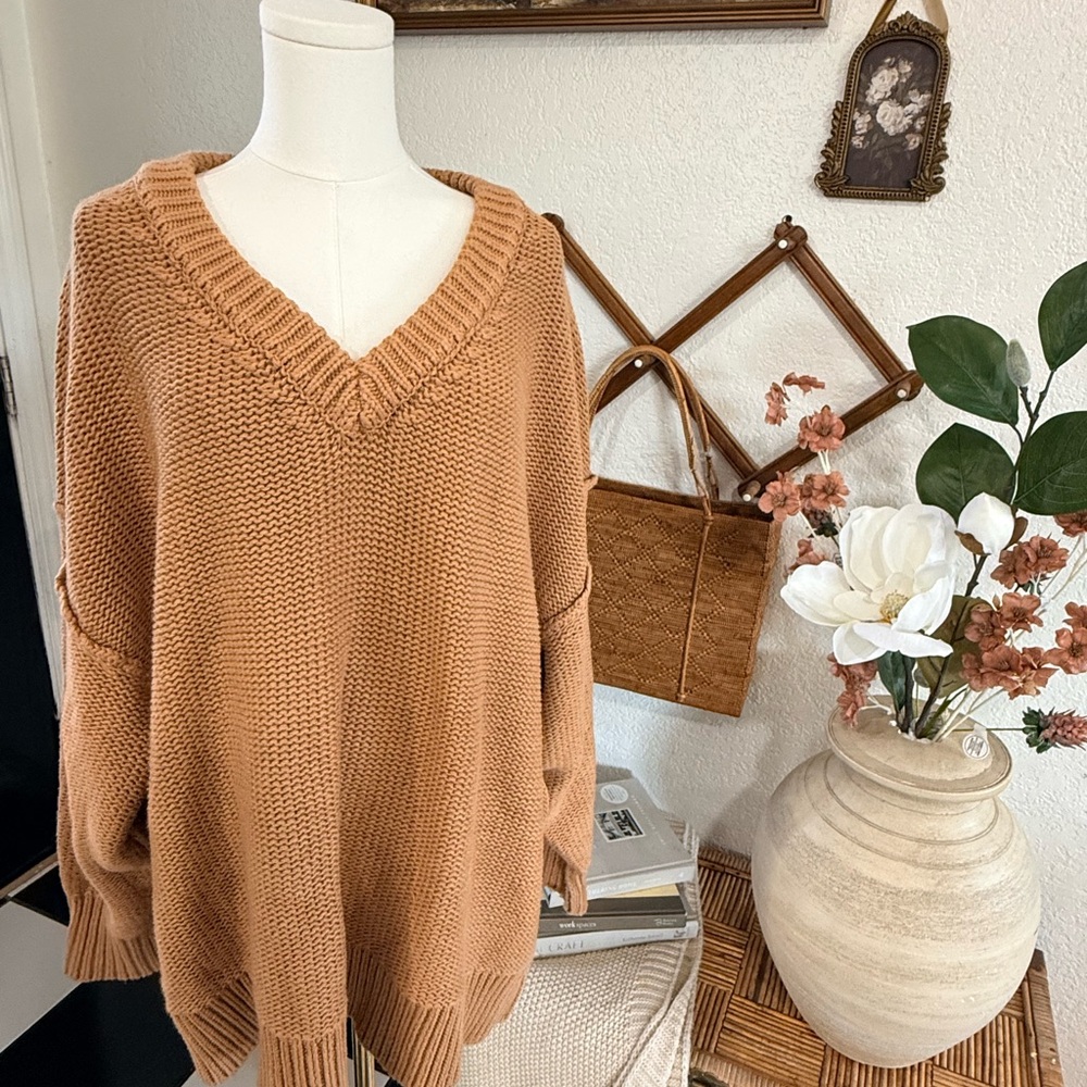 Free People Oversized V-Neck Sweater in Camel - Picture 1 of 6